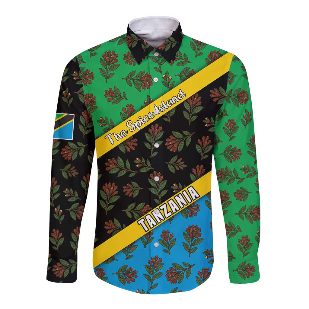 Tanzania Spice Island Long Sleeve Button Shirt with Clove Leaf Pattern and National Flag Colors