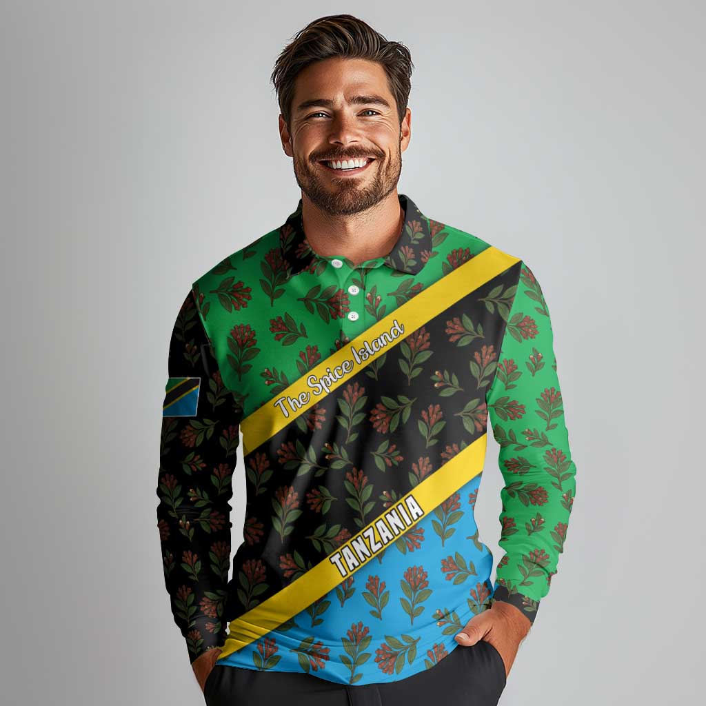 Tanzania Spice Island Long Sleeve Polo Shirt with Clove Leaf Pattern and National Flag Colors