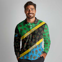 Tanzania Spice Island Long Sleeve Polo Shirt with Clove Leaf Pattern and National Flag Colors
