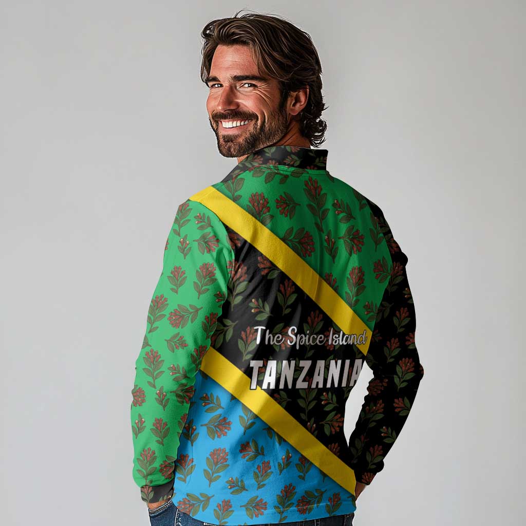 Tanzania Spice Island Long Sleeve Polo Shirt with Clove Leaf Pattern and National Flag Colors