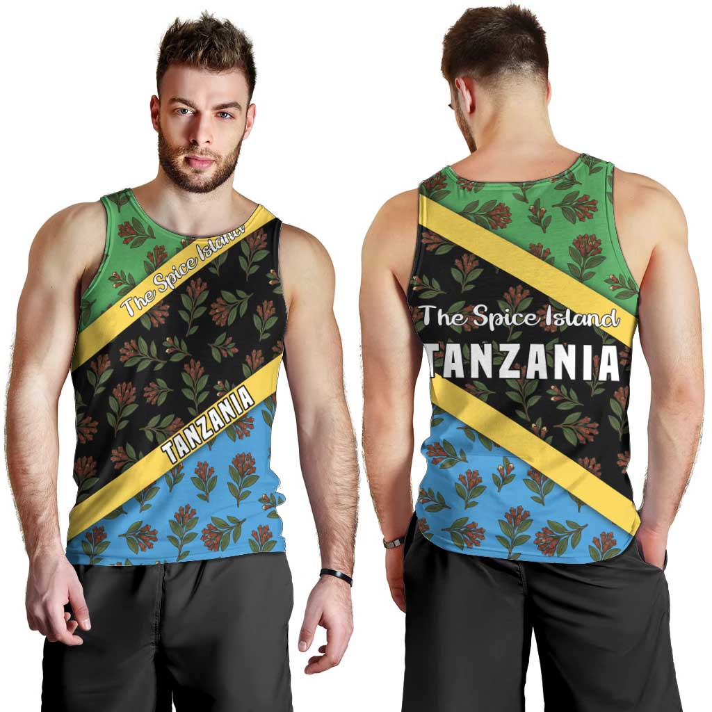 Tanzania Spice Island Men Tank Top with Clove Leaf Pattern and National Flag Colors