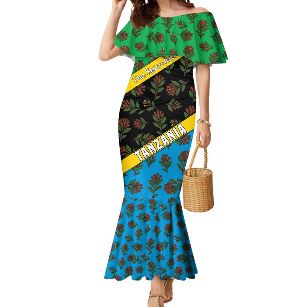 Tanzania Spice Island Mermaid Dress with Clove Leaf Pattern and National Flag Colors