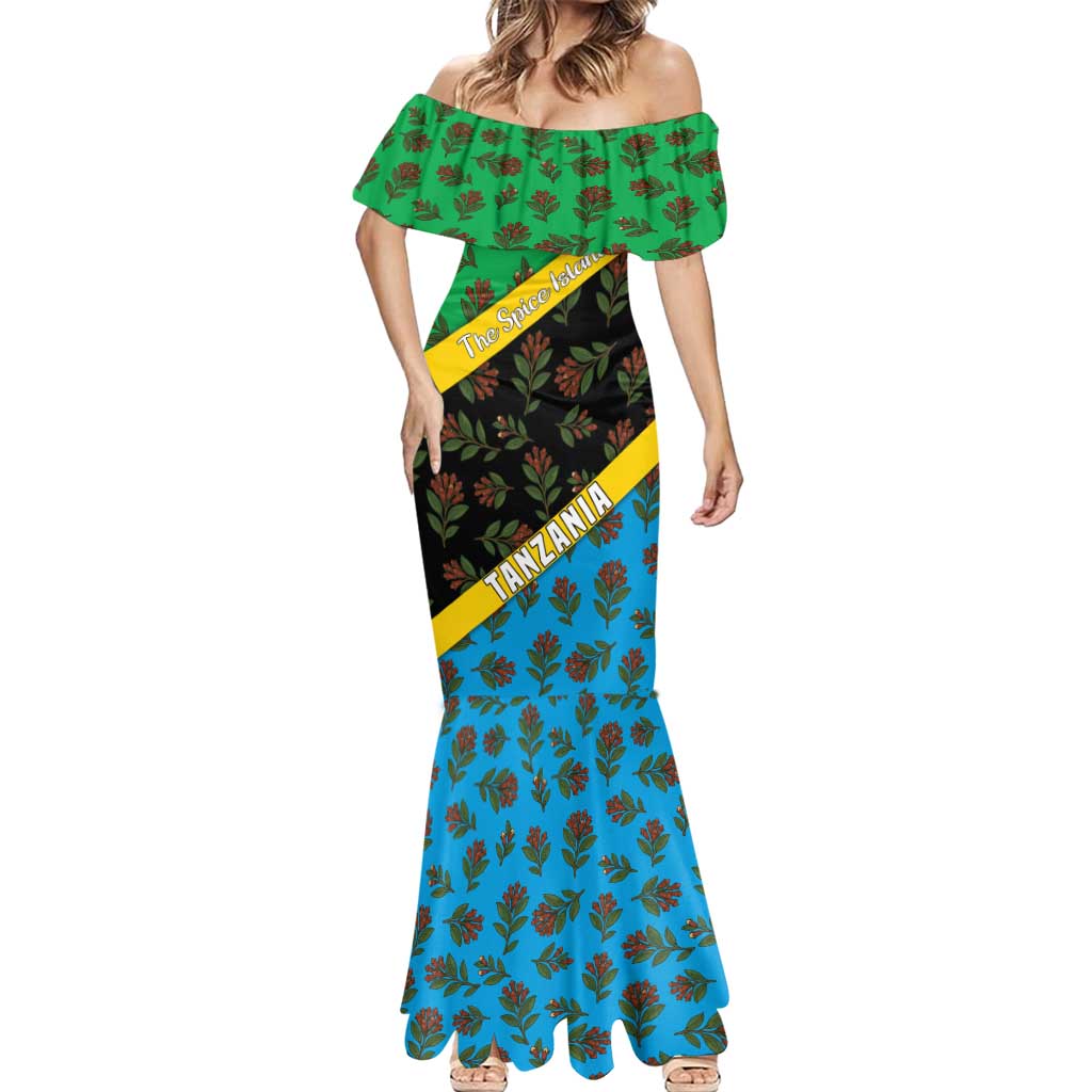Tanzania Spice Island Mermaid Dress with Clove Leaf Pattern and National Flag Colors