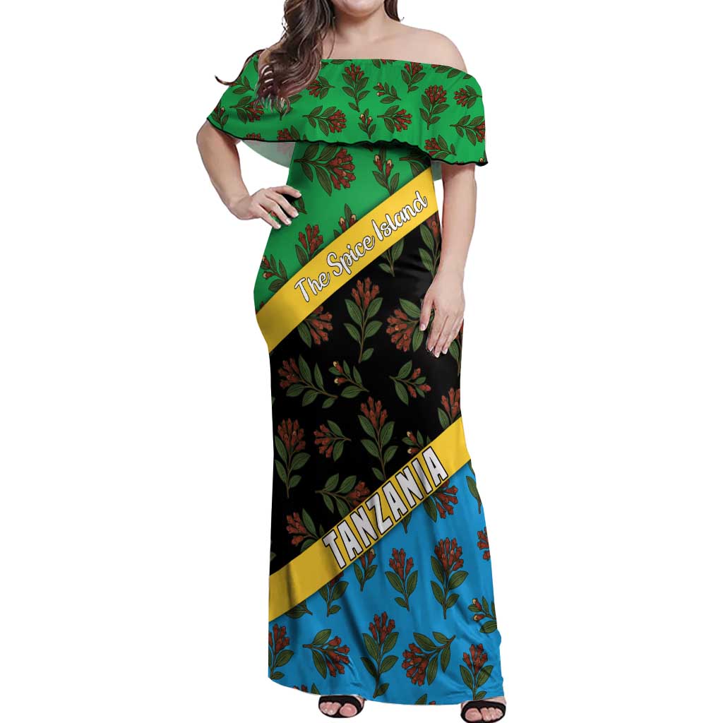 Tanzania Spice Island Off Shoulder Maxi Dress with Clove Leaf Pattern and National Flag Colors