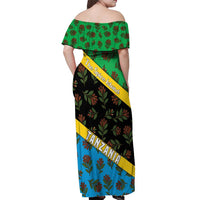 Tanzania Spice Island Off Shoulder Maxi Dress with Clove Leaf Pattern and National Flag Colors