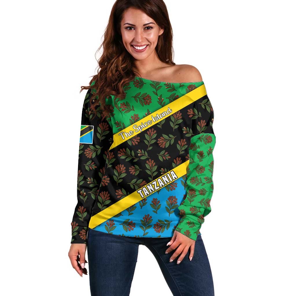 Tanzania Spice Island Off Shoulder Sweater with Clove Leaf Pattern and National Flag Colors