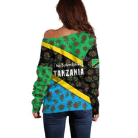 Tanzania Spice Island Off Shoulder Sweater with Clove Leaf Pattern and National Flag Colors
