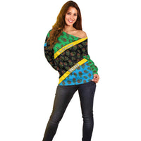 Tanzania Spice Island Off Shoulder Sweater with Clove Leaf Pattern and National Flag Colors
