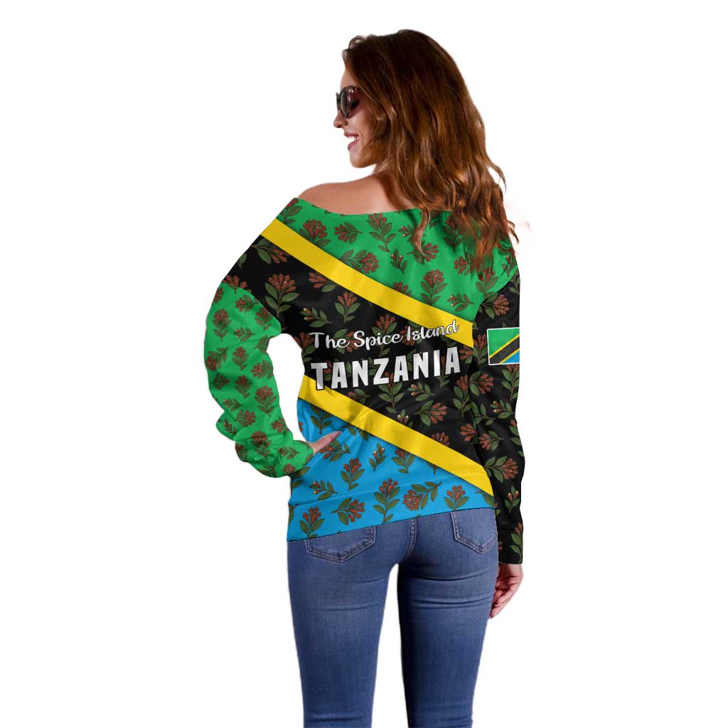 Tanzania Spice Island Off Shoulder Sweater with Clove Leaf Pattern and National Flag Colors