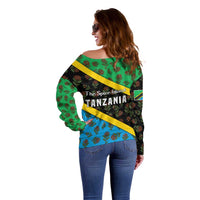 Tanzania Spice Island Off Shoulder Sweater with Clove Leaf Pattern and National Flag Colors