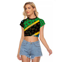 Tanzania Spice Island Raglan Cropped T Shirt with Clove Leaf Pattern and National Flag Colors