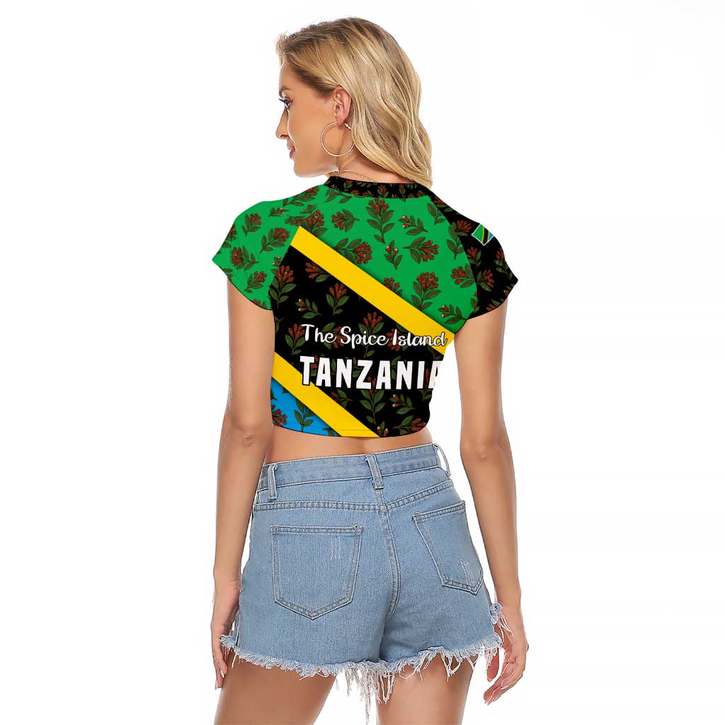 Tanzania Spice Island Raglan Cropped T Shirt with Clove Leaf Pattern and National Flag Colors