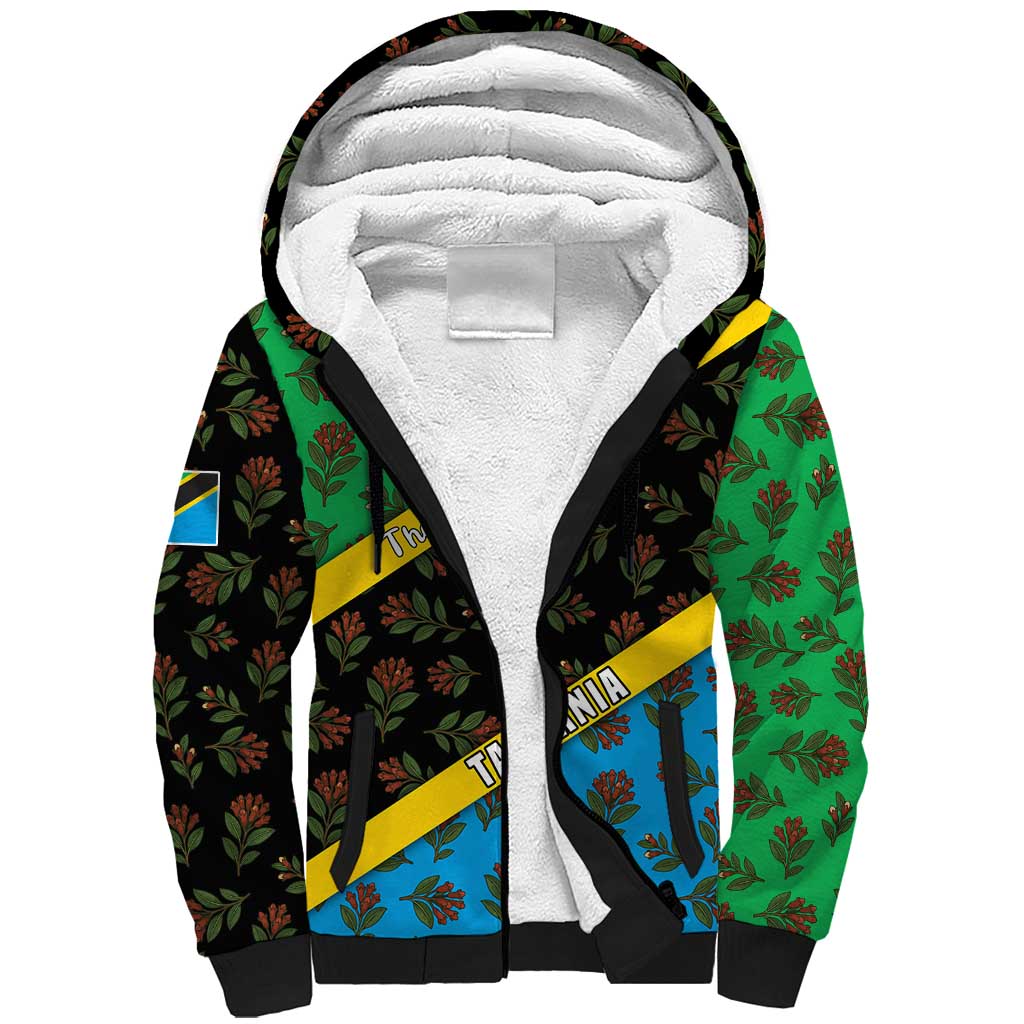 Tanzania Spice Island Sherpa Hoodie with Clove Leaf Pattern and National Flag Colors