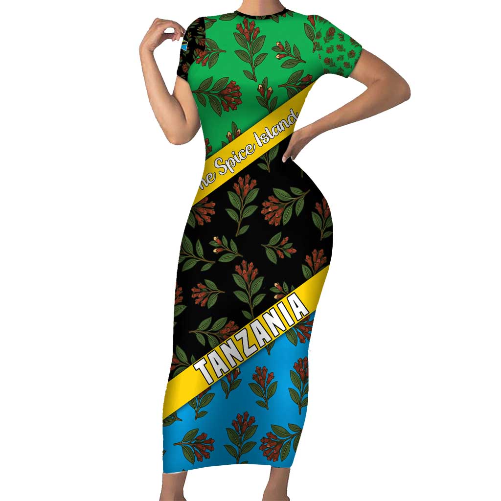 Tanzania Spice Island Short Sleeve Bodycon Dress with Clove Leaf Pattern and National Flag Colors