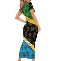 Tanzania Spice Island Short Sleeve Bodycon Dress with Clove Leaf Pattern and National Flag Colors