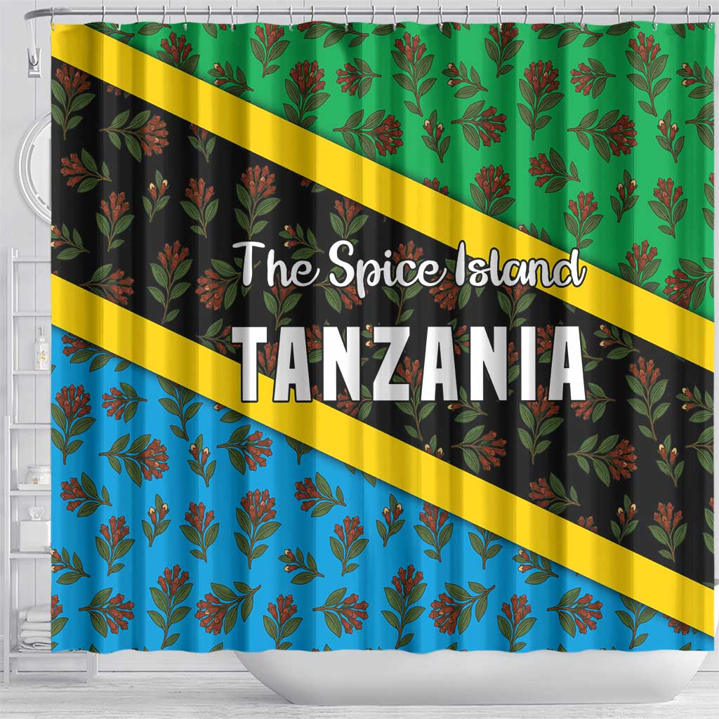 Tanzania Spice Island Shower Curtain with Clove Leaf Pattern and National Flag Colors