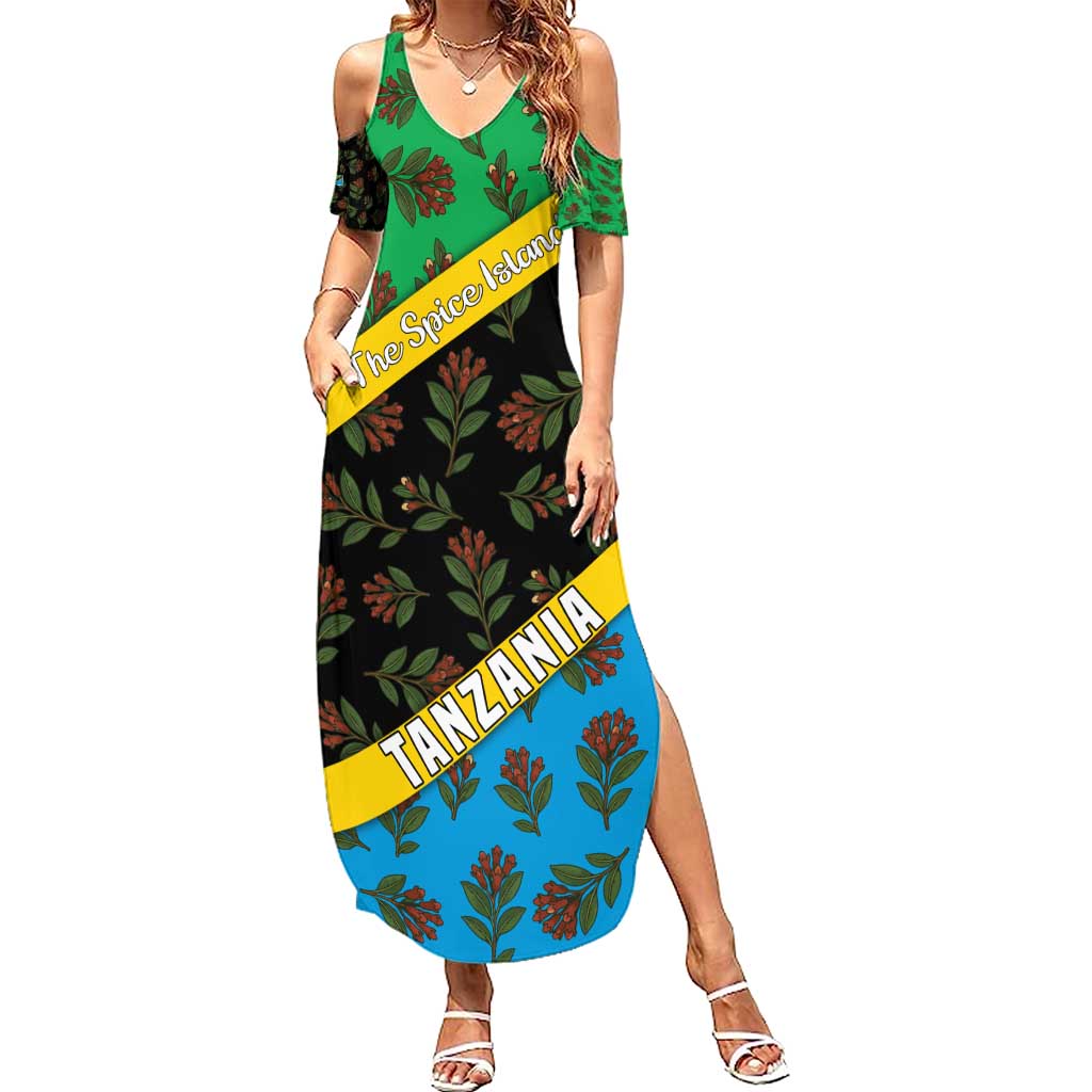 Tanzania Spice Island Summer Maxi Dress with Clove Leaf Pattern and National Flag Colors
