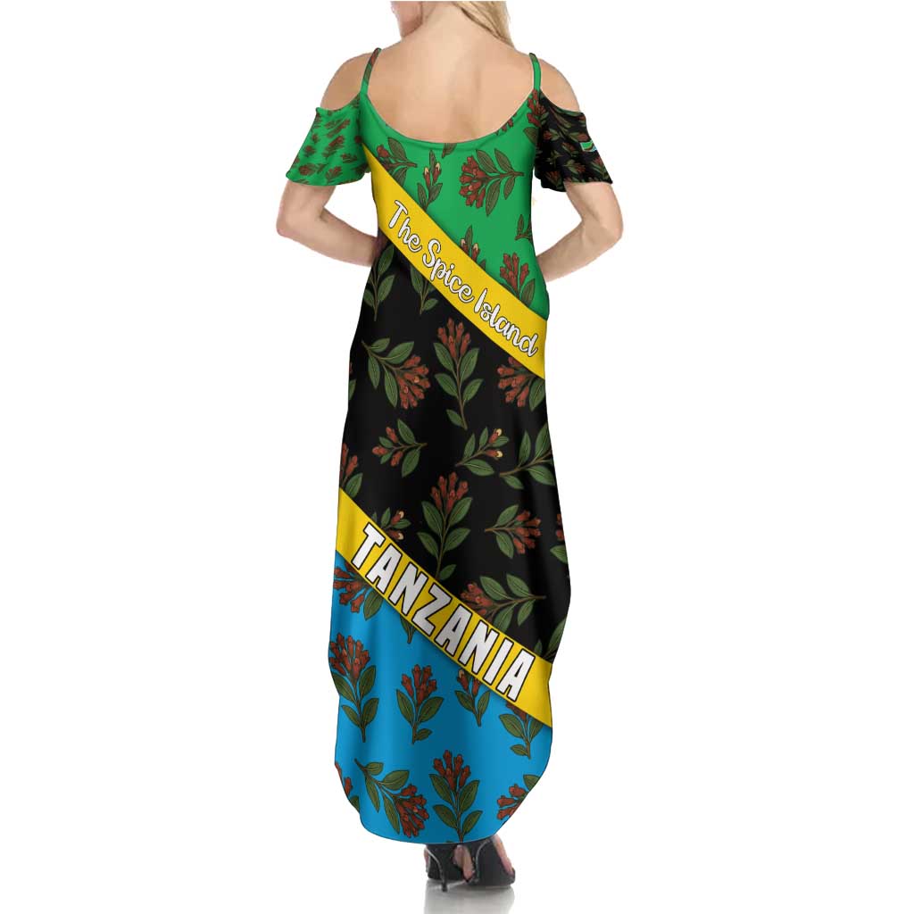 Tanzania Spice Island Summer Maxi Dress with Clove Leaf Pattern and National Flag Colors