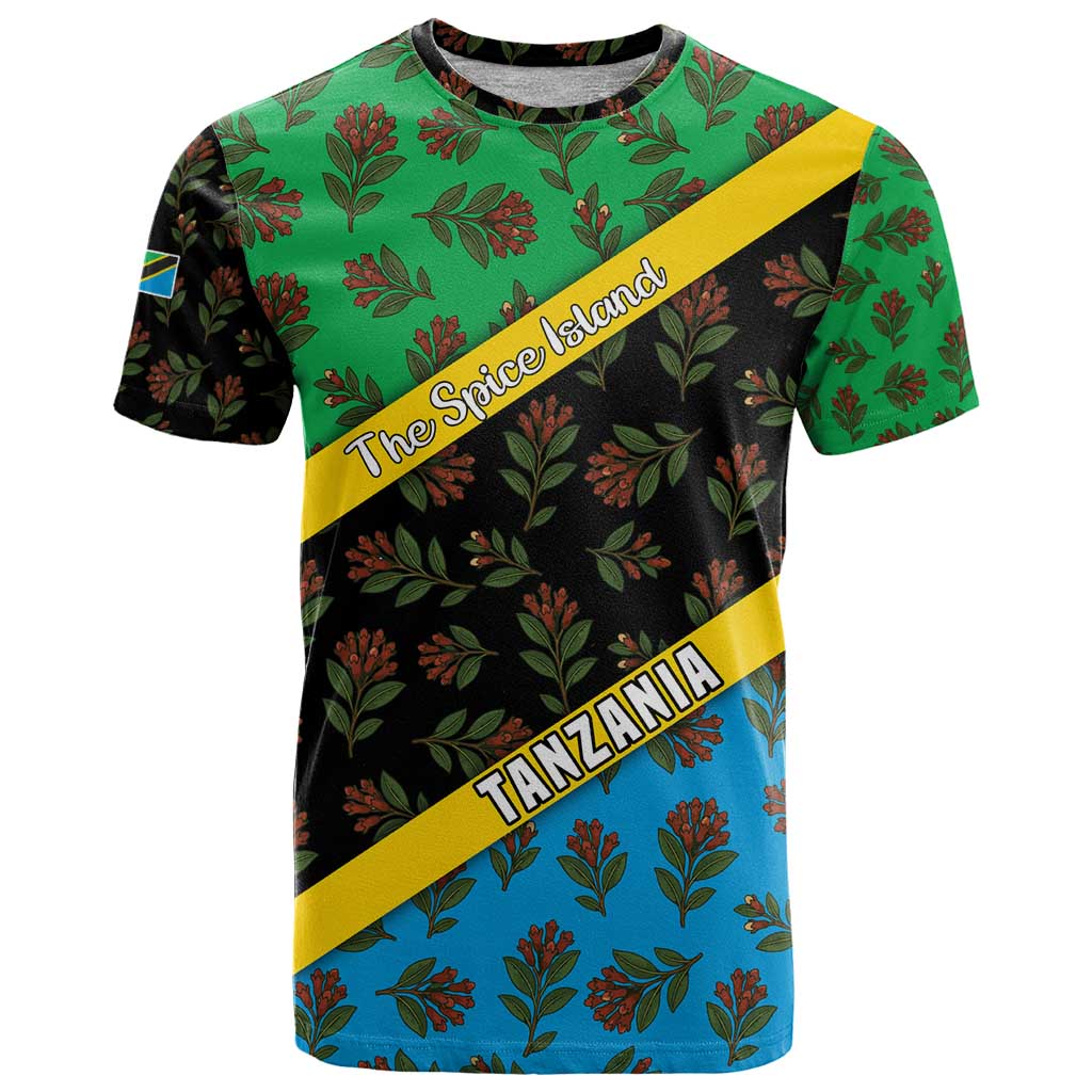 Tanzania Spice Island T Shirt with Clove Leaf Pattern and National Flag Colors