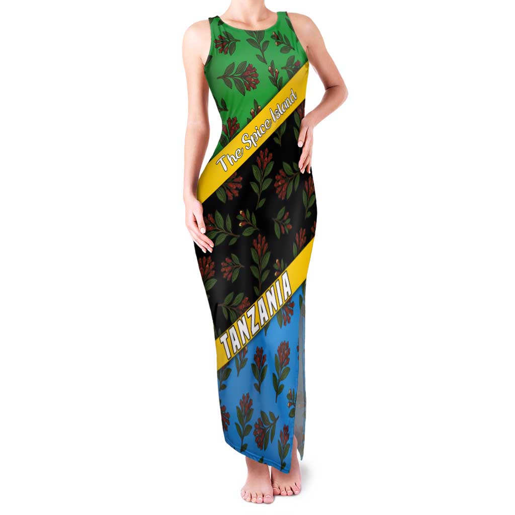 Tanzania Spice Island Tank Maxi Dress with Clove Leaf Pattern and National Flag Colors