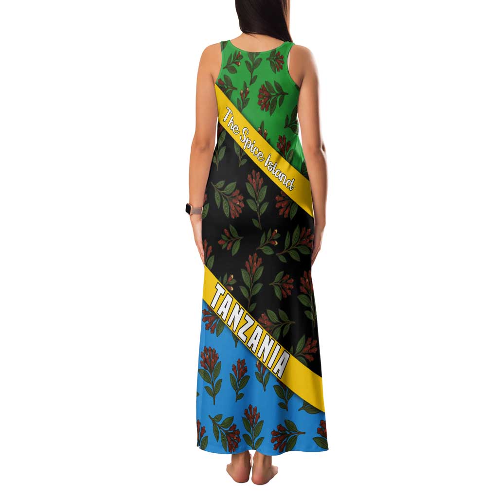 Tanzania Spice Island Tank Maxi Dress with Clove Leaf Pattern and National Flag Colors