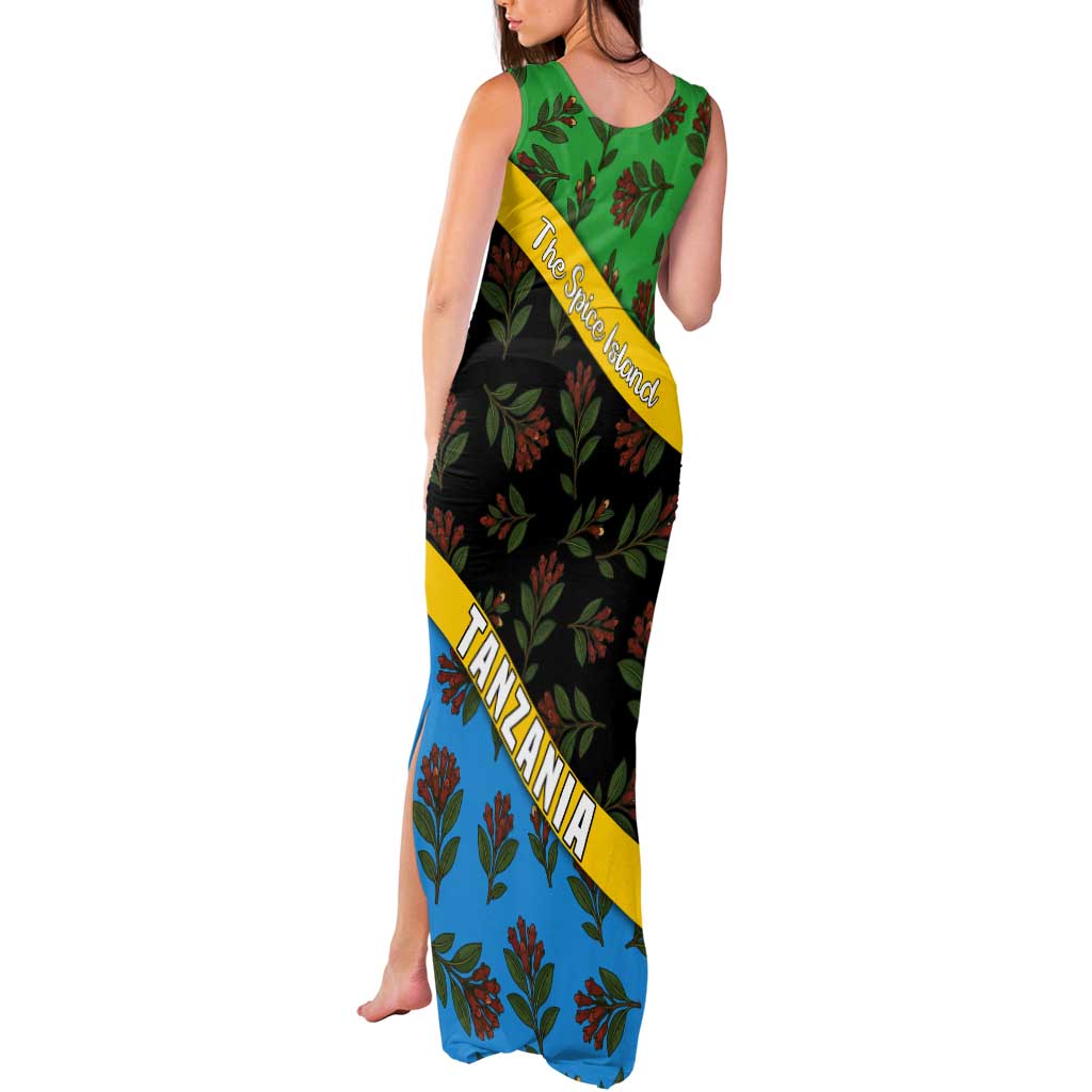 Tanzania Spice Island Tank Maxi Dress with Clove Leaf Pattern and National Flag Colors