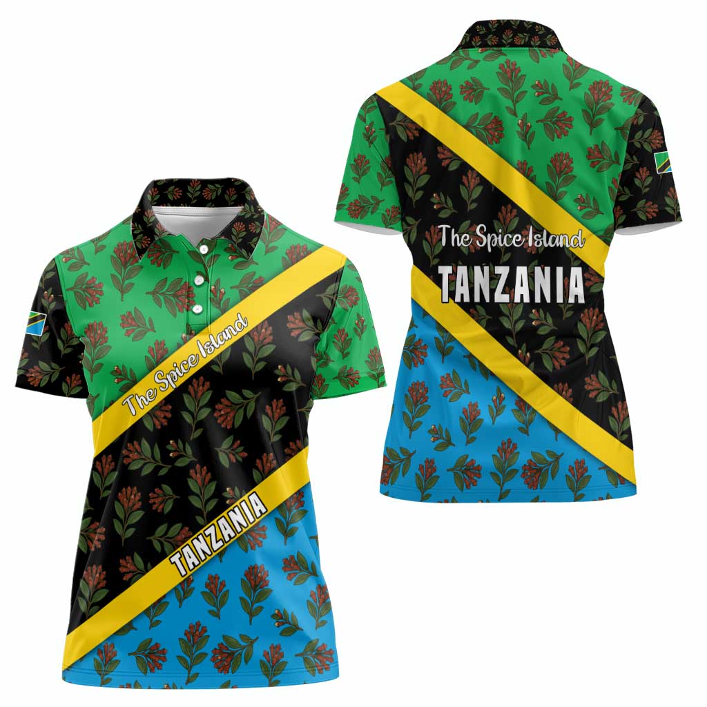 Tanzania Spice Island Women Polo Shirt with Clove Leaf Pattern and National Flag Colors