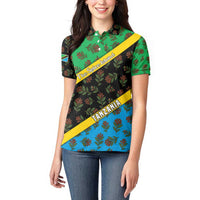 Tanzania Spice Island Women Polo Shirt with Clove Leaf Pattern and National Flag Colors