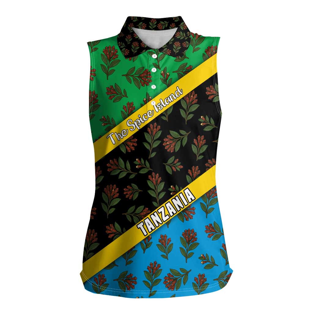 Tanzania Spice Island Women Sleeveless Polo Shirt with Clove Leaf Pattern and National Flag Colors