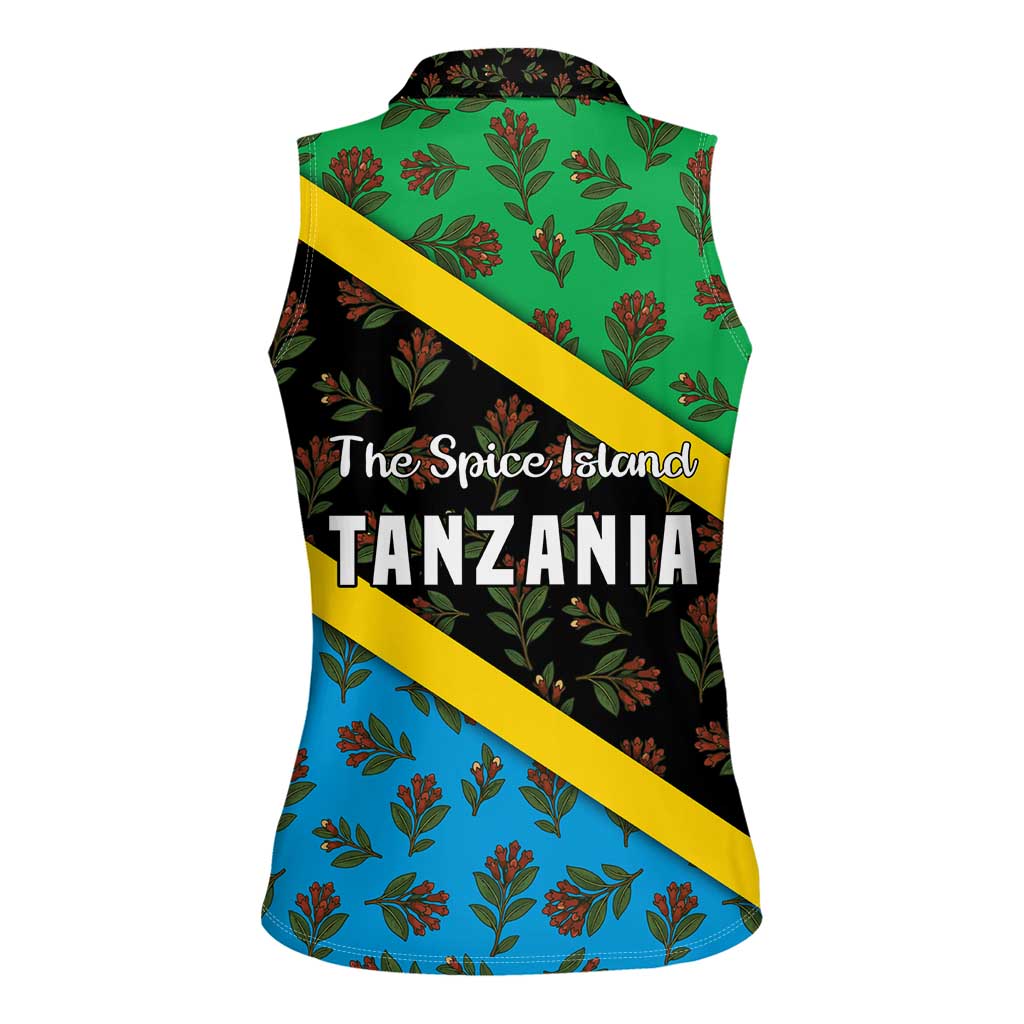 Tanzania Spice Island Women Sleeveless Polo Shirt with Clove Leaf Pattern and National Flag Colors