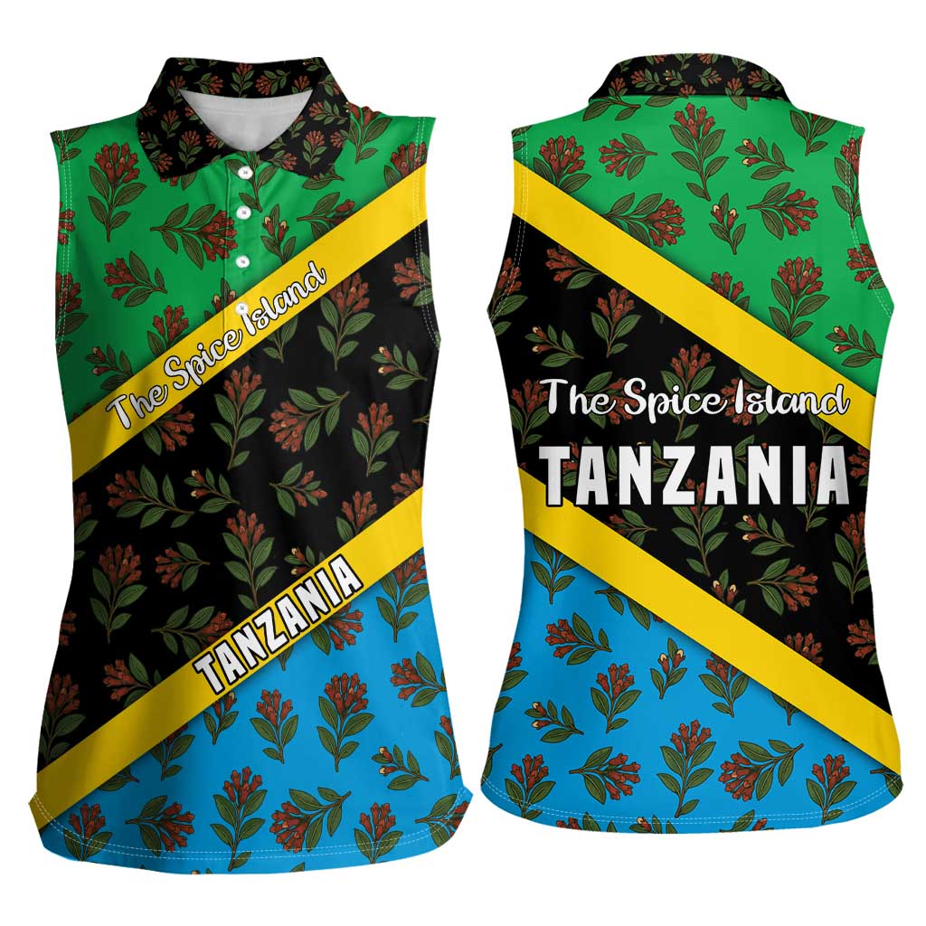 Tanzania Spice Island Women Sleeveless Polo Shirt with Clove Leaf Pattern and National Flag Colors
