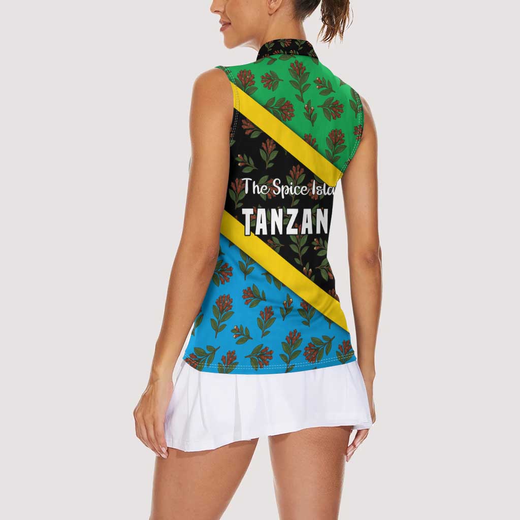 Tanzania Spice Island Women Sleeveless Polo Shirt with Clove Leaf Pattern and National Flag Colors