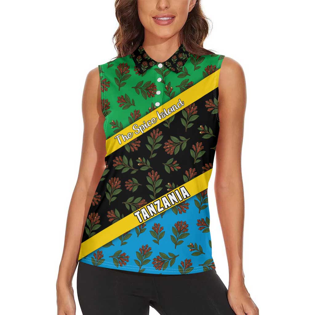 Tanzania Spice Island Women Sleeveless Polo Shirt with Clove Leaf Pattern and National Flag Colors