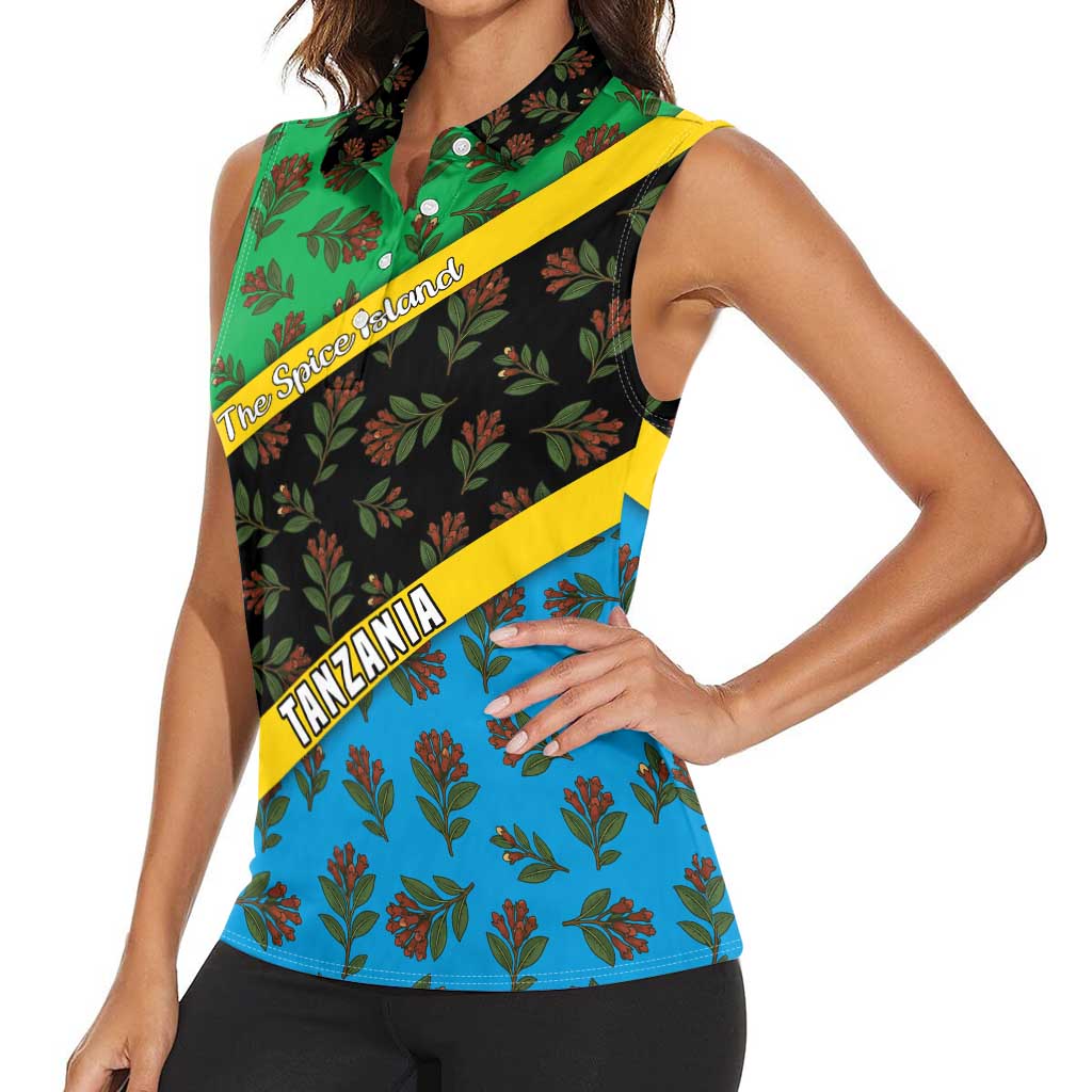 Tanzania Spice Island Women Sleeveless Polo Shirt with Clove Leaf Pattern and National Flag Colors