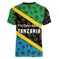 Tanzania Spice Island Women V-Neck T-Shirt with Clove Leaf Pattern and National Flag Colors