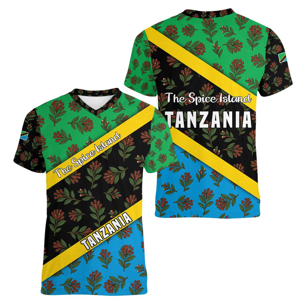 Tanzania Spice Island Women V-Neck T-Shirt with Clove Leaf Pattern and National Flag Colors