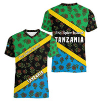 Tanzania Spice Island Women V-Neck T-Shirt with Clove Leaf Pattern and National Flag Colors