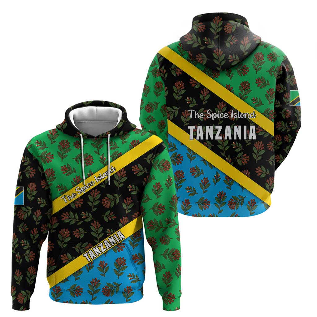 Tanzania Spice Island Zip Hoodie with Clove Leaf Pattern and National Flag Colors
