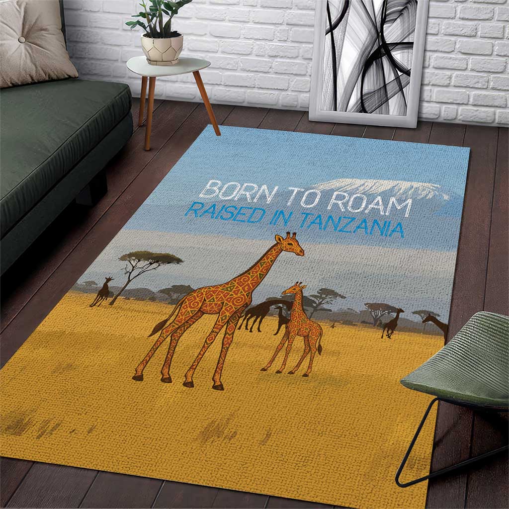 Tanzania Safari Giraffe Area Rug with Tribal Patterns and Mount Kilimanjaro Scene