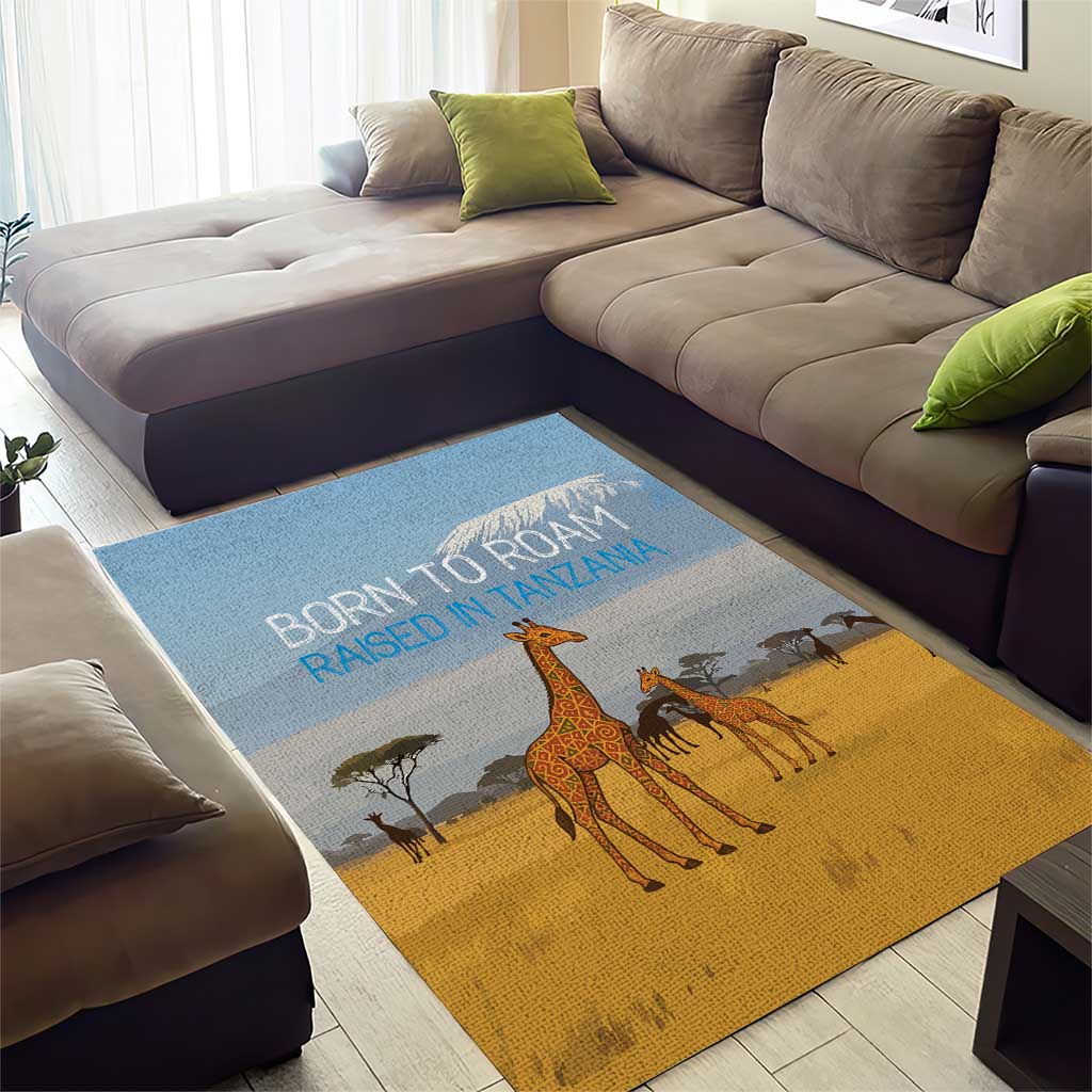 Tanzania Safari Giraffe Area Rug with Tribal Patterns and Mount Kilimanjaro Scene