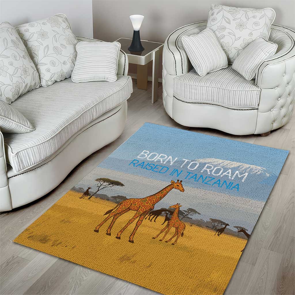 Tanzania Safari Giraffe Area Rug with Tribal Patterns and Mount Kilimanjaro Scene