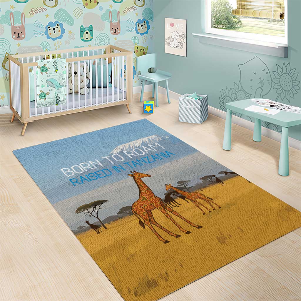 Tanzania Safari Giraffe Area Rug with Tribal Patterns and Mount Kilimanjaro Scene