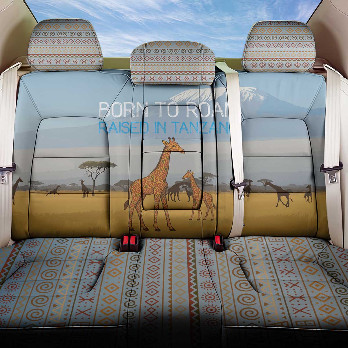 Tanzania Safari Giraffe Back Car Seat Cover with Tribal Patterns and Mount Kilimanjaro Scene