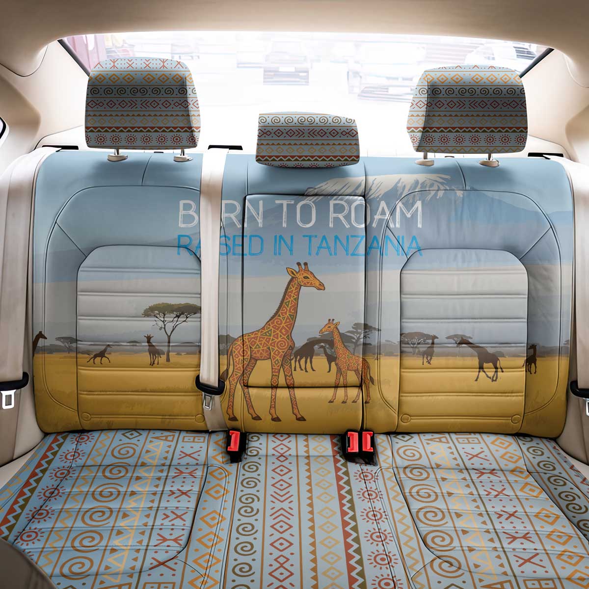 Tanzania Safari Giraffe Back Car Seat Cover with Tribal Patterns and Mount Kilimanjaro Scene