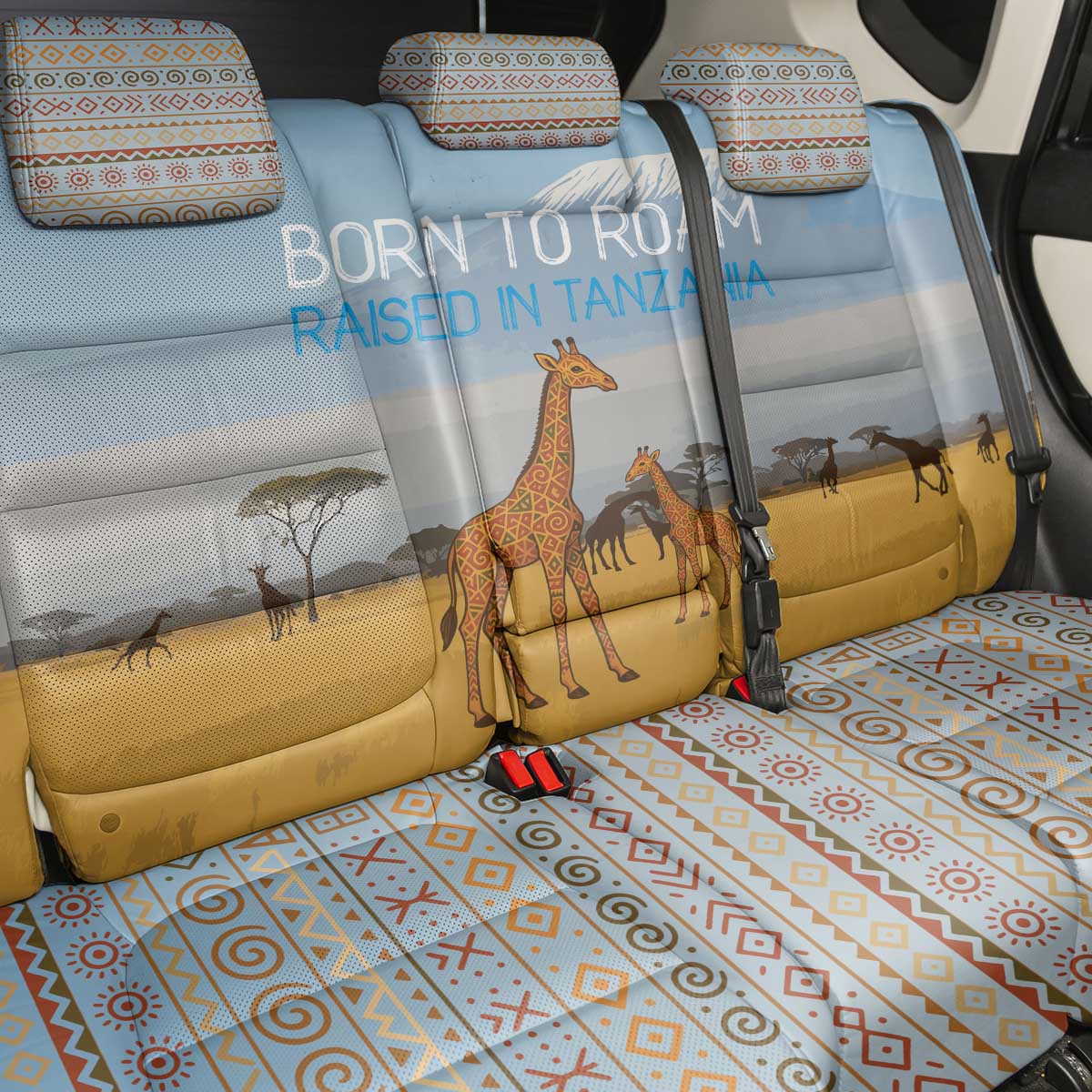 Tanzania Safari Giraffe Back Car Seat Cover with Tribal Patterns and Mount Kilimanjaro Scene