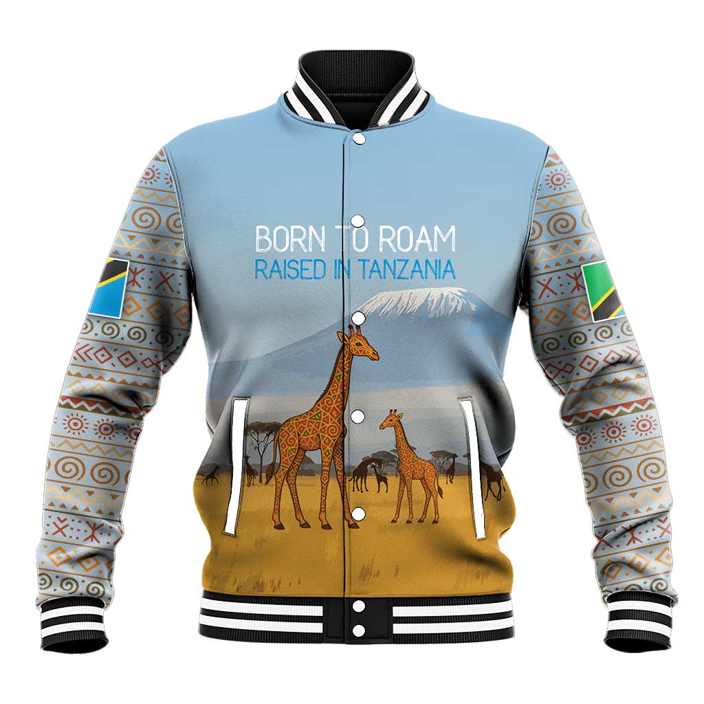 Tanzania Safari Giraffe Baseball Jacket with Tribal Patterns and Mount Kilimanjaro Scene