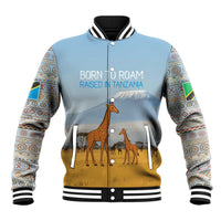 Tanzania Safari Giraffe Baseball Jacket with Tribal Patterns and Mount Kilimanjaro Scene