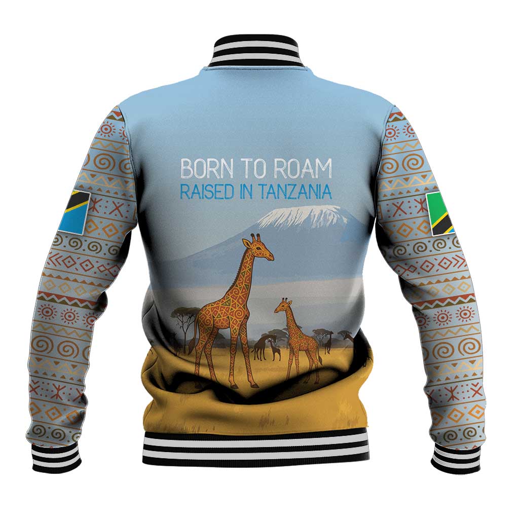 Tanzania Safari Giraffe Baseball Jacket with Tribal Patterns and Mount Kilimanjaro Scene