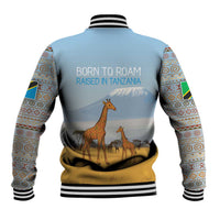 Tanzania Safari Giraffe Baseball Jacket with Tribal Patterns and Mount Kilimanjaro Scene