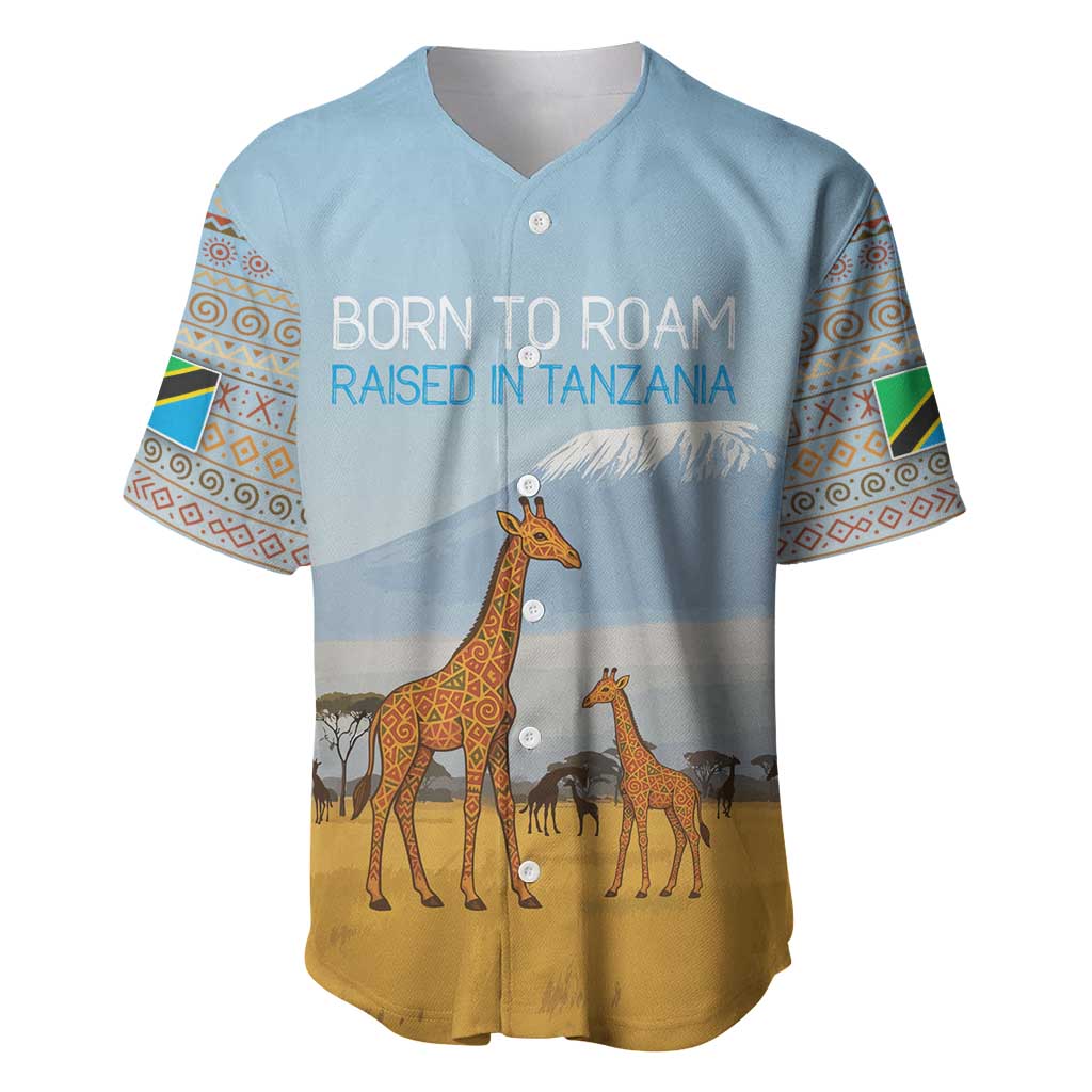 Tanzania Safari Giraffe Baseball Jersey with Tribal Patterns and Mount Kilimanjaro Scene